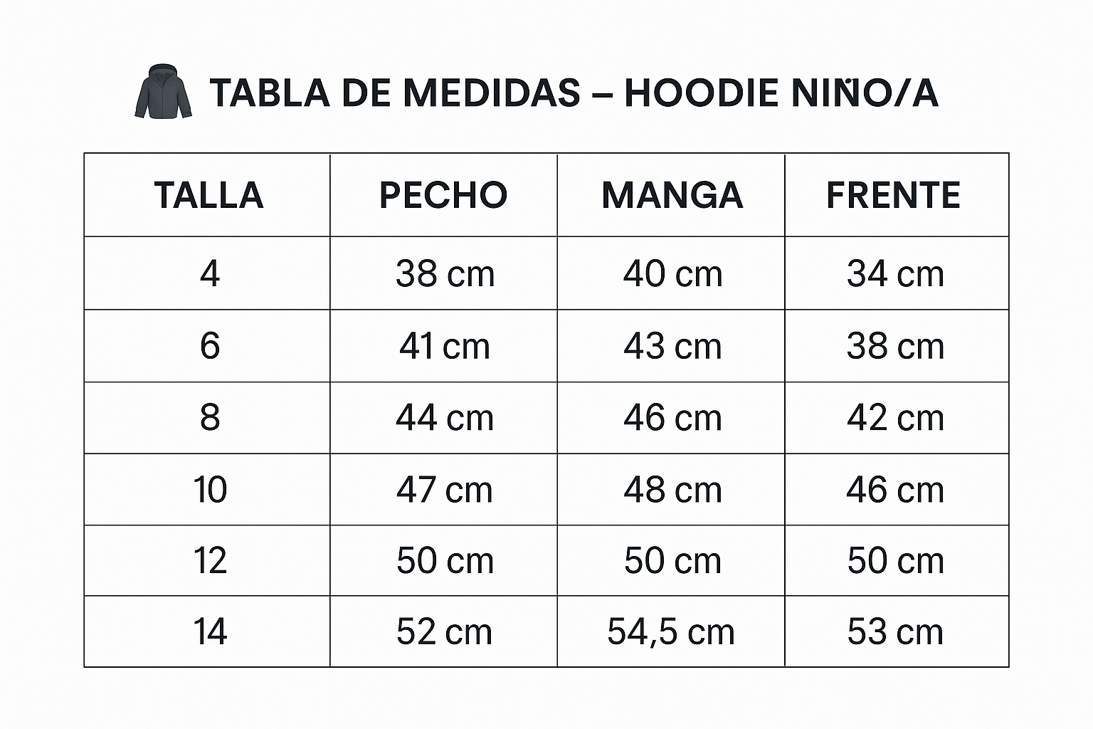 Tabla de medidas Hoodie niño(a)